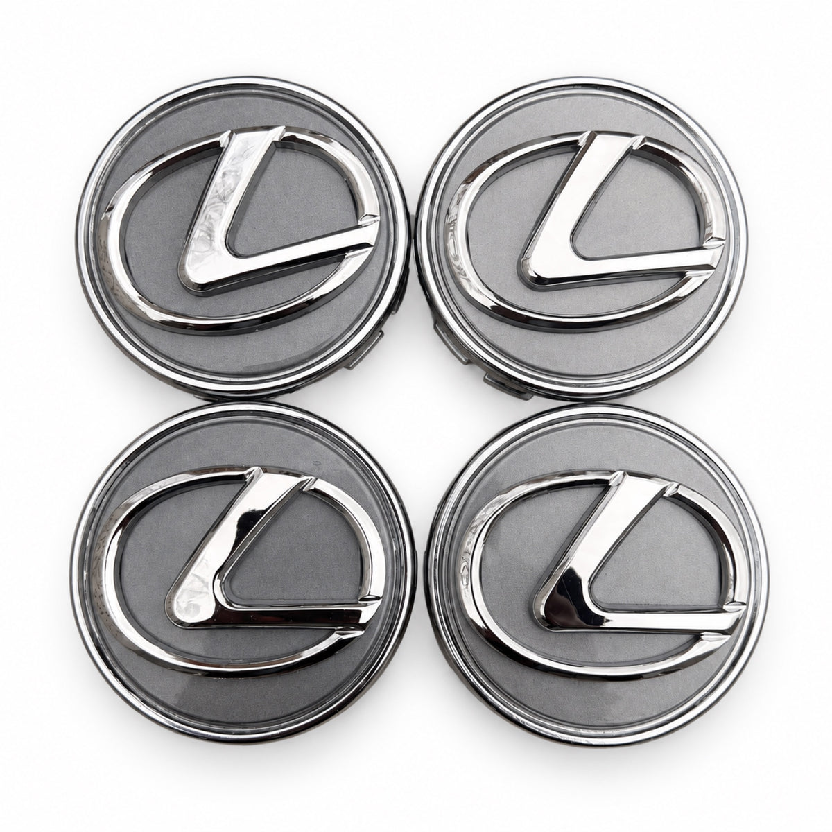 4PCS LEXUS 62MM Dark Grey & Chrome Wheel Center Hub Caps 42603-30590 Badge Logo