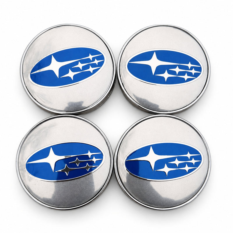 SUBARU SET OF 4 SILVER WITH BLUE EMBLEMS 60 mm/2.36in Wheel Center Caps - FITS MOST MODELS