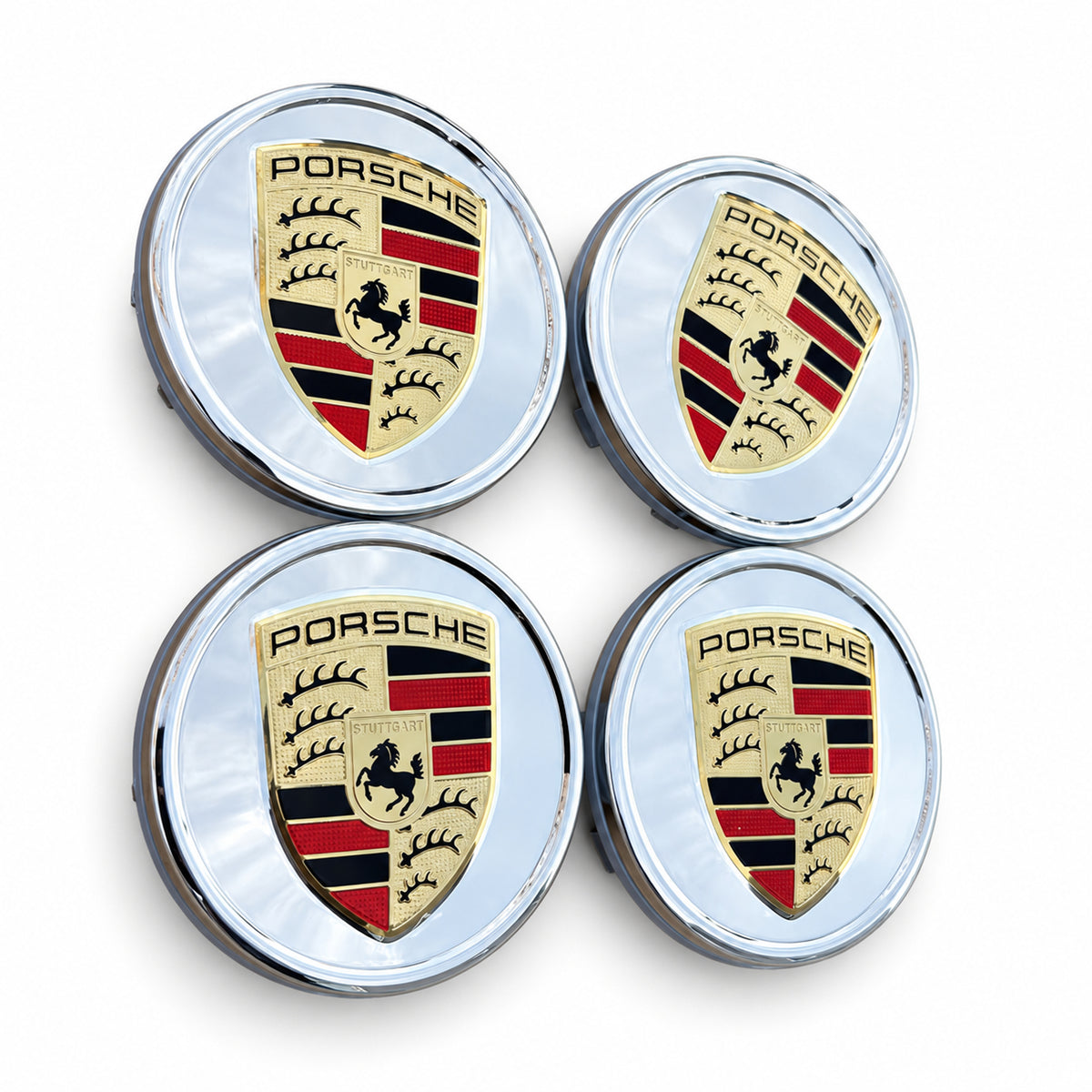 4x PORSCHE Crest Center Caps SILVER 76MM Cayenne 911 Carrera Panamera Turbo 918