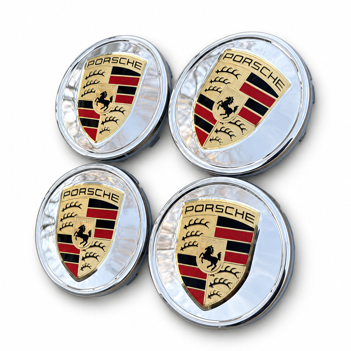 4x PORSCHE Crest Center Caps SILVER 76MM Cayenne 911 Carrera Panamera Turbo 918