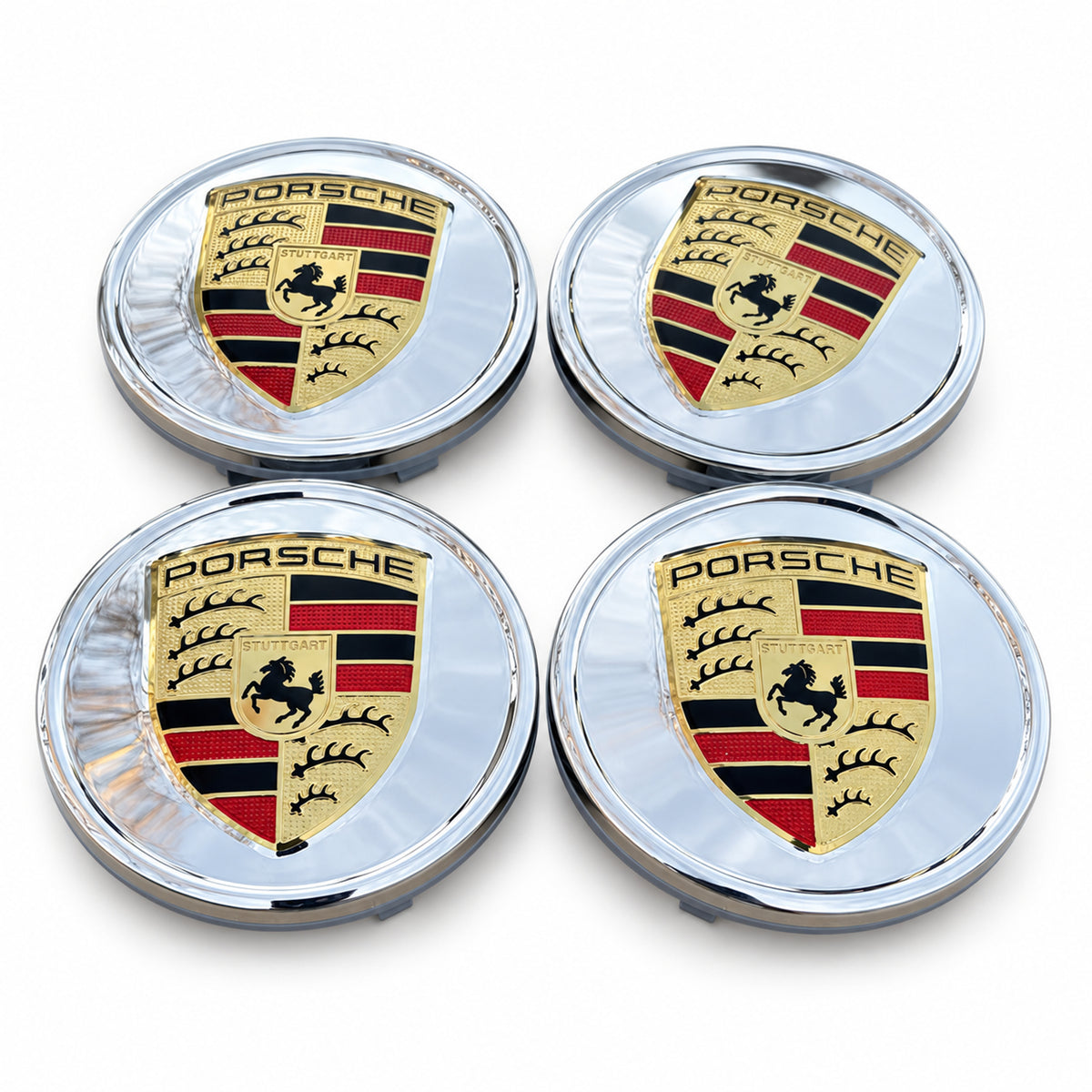 4x PORSCHE Crest Center Caps SILVER 76MM Cayenne 911 Carrera Panamera Turbo 918