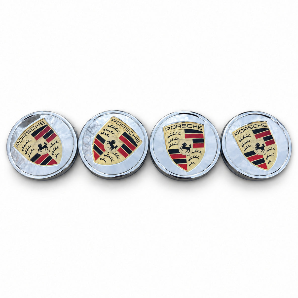 4x PORSCHE Crest Center Caps SILVER 76MM Cayenne 911 Carrera Panamera Turbo 918