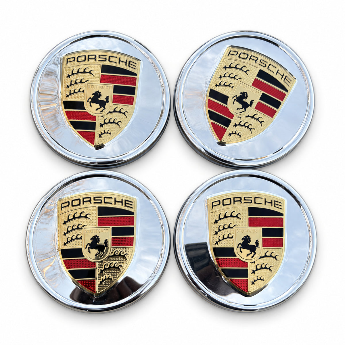 4x PORSCHE Crest Center Caps SILVER 76MM Cayenne 911 Carrera Panamera Turbo 918