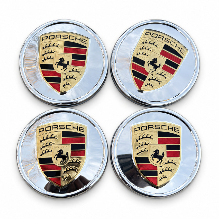 4x PORSCHE Crest Center Caps SILVER 76MM Cayenne 911 Carrera Panamera Turbo 918