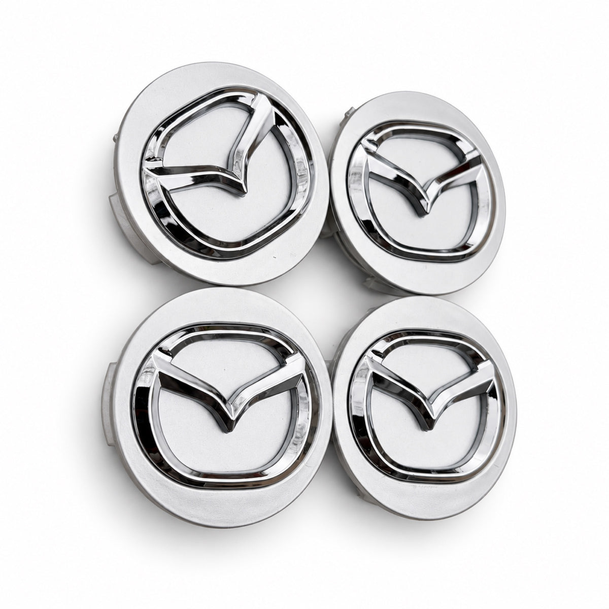 SET OF 4 MAZDA Silver CENTER WHEEL CAPS CHROME EMBLEM 56MM HUB CAP LOGO
