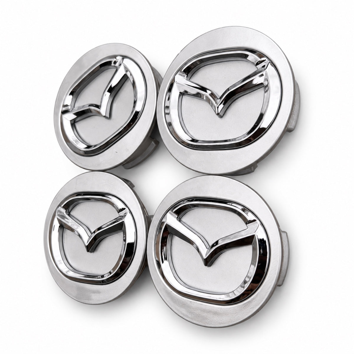 SET OF 4 MAZDA Silver CENTER WHEEL CAPS CHROME EMBLEM 56MM HUB CAP LOGO
