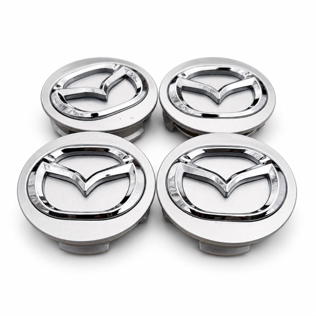 SET OF 4 MAZDA Silver CENTER WHEEL CAPS CHROME EMBLEM 56MM HUB CAP LOGO