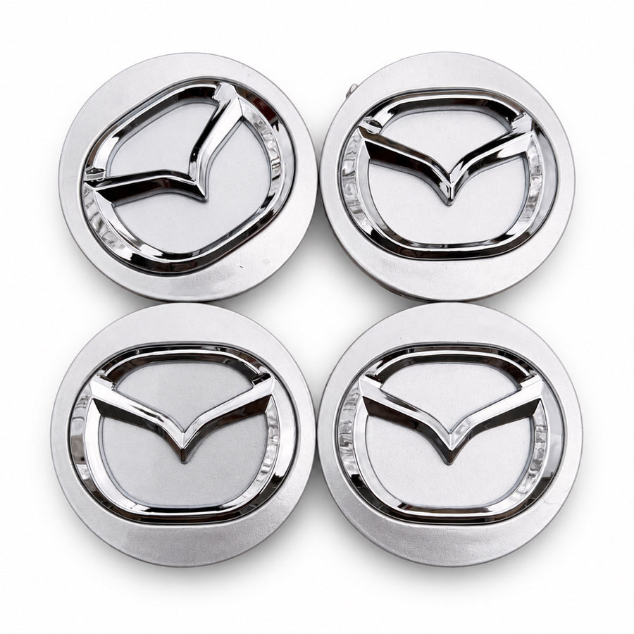 SET OF 4 MAZDA Silver CENTER WHEEL CAPS CHROME EMBLEM 56MM HUB CAP LOGO